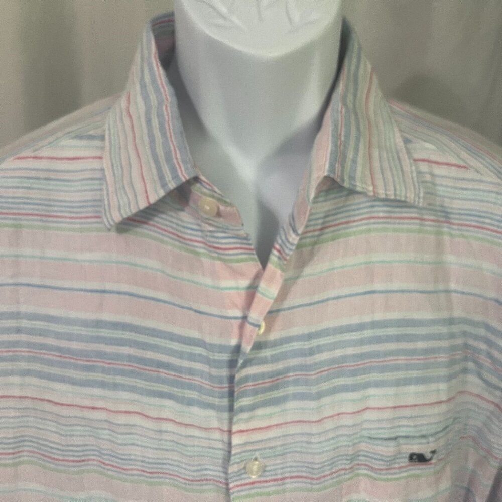 🌴 Vineyard Vines Men's Linen Shirt L Multicolor Striped Short Sleeve 🌊